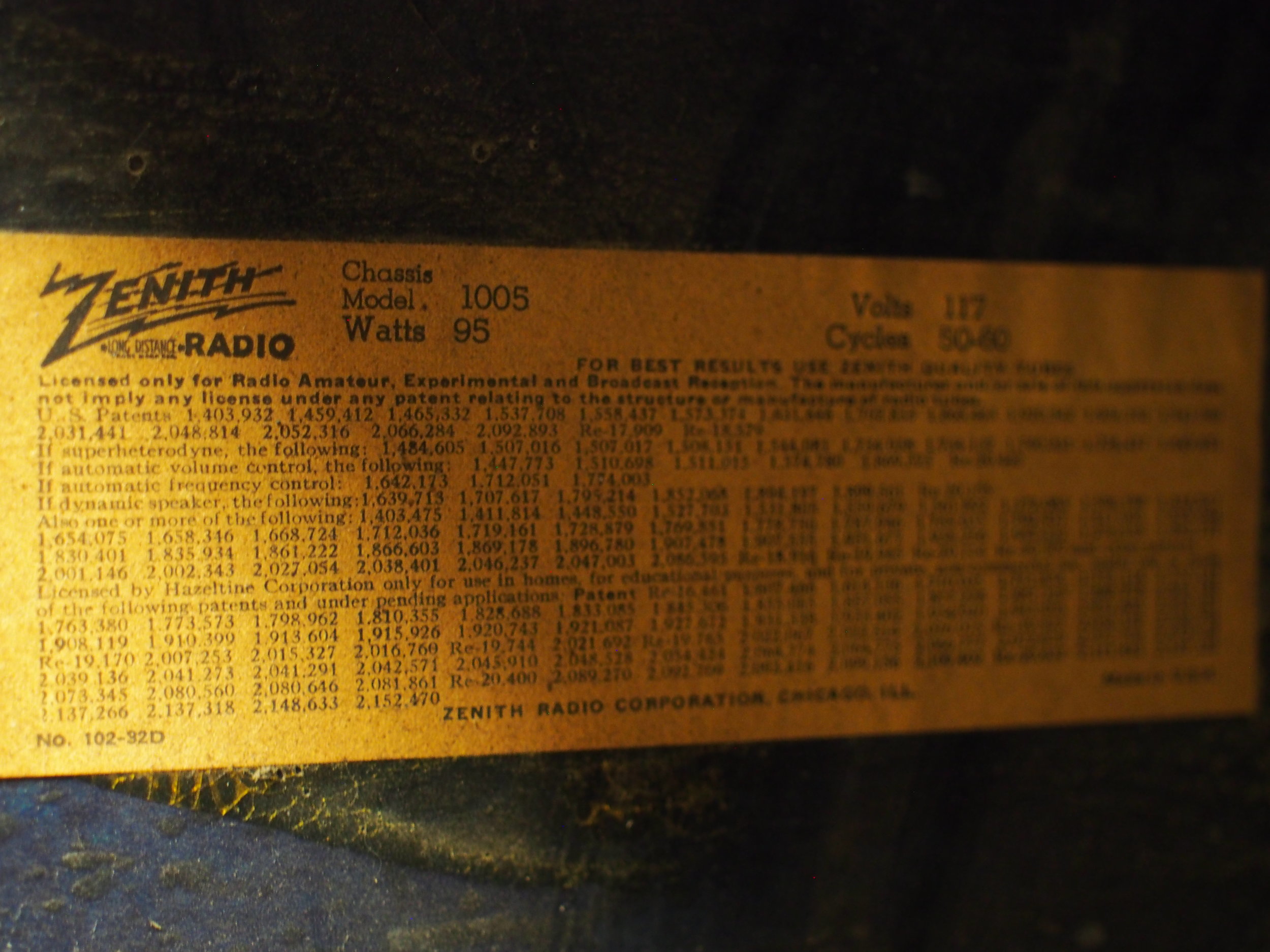 Zenith patents and model number tag