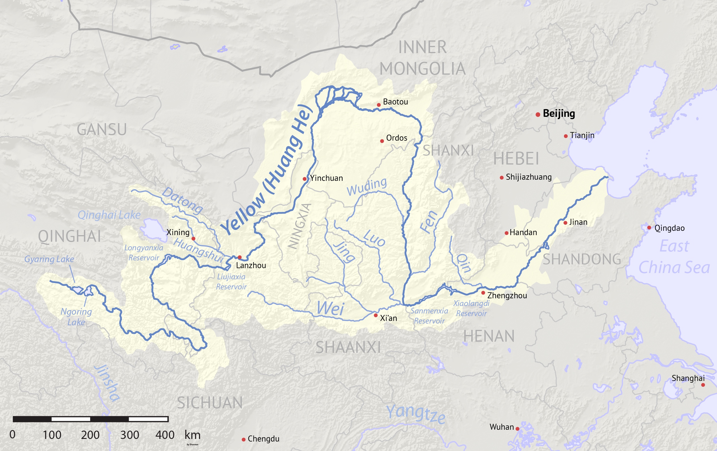 Map of the Yellow River, whose watershed covers most of northern China and drains to the Yellow SeaBy Shannon1 [GFDL (http://www.gnu.org/copyleft/fdl.html) or CC BY-SA 4.0-3.0-2.5-2.0-1.0 (https://creativecommons.org/licenses/by-sa/4.0-3.0-2.5-2.0-1…