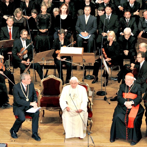 Pope Benedict XVI speaks to students and professors at the Auditorium Maximum of the University of Regensburg in Regensburg, Germany, Sept. 12, 2006. (Matthias Schrader/picture-alliance/dpa/AP Images)