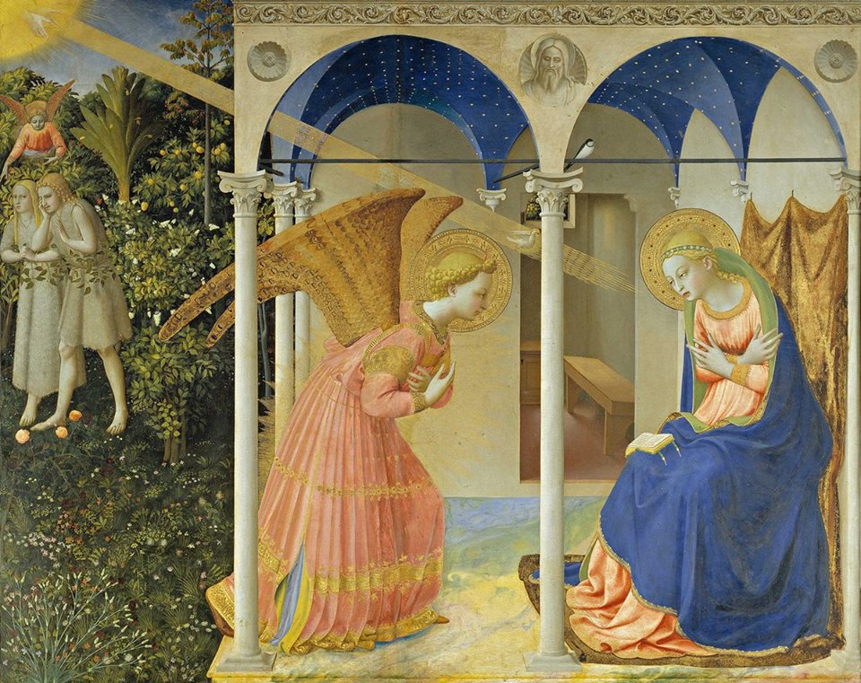 The AnnunciationBy Fra Angelico - Based on same source tiles as File:La Anunciación, by Fra Angelico, from Prado in Google Earth.jpg but cropped. JPEG compression quality Photoshop 9., Public Domain, https://commons.wikimedia.org/w/index.php?curid=1…