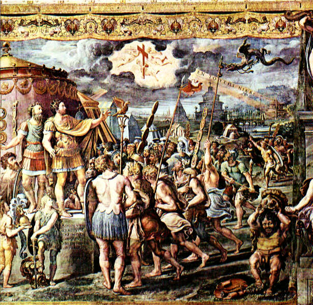 Detail from The Vision of the Cross by assistants of Raphael, depicting the vision of the cross and the Greek writing "Ἐν τούτῳ νίκα" in the sky, before the Battle of the Milvian Bridge.By http://www.christusrex.org/www1/stanzas/0-Raphael.html, Publ…