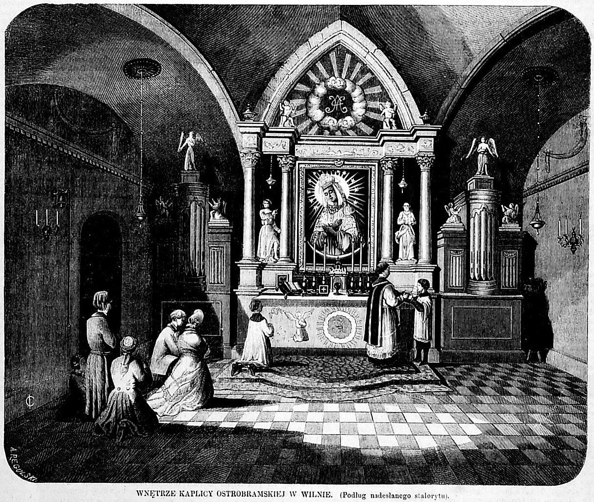 Low Mass celebrated at the Chapel of the Dawn Gate in Wilno (Vilnius). Interior in 1864.Public Domain, https://commons.wikimedia.org/w/index.php?curid=248081