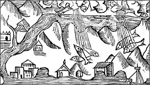 1555 engraving of rain of fishBy en:Olaus Magnus (1490-1557) - 16th century engraving from en:A Description of the Northern PeoplesPreviously uploaded to fr.wikipedia; description page is/was here., Public Domain, https://commons.wikimedia.org/w/ind…