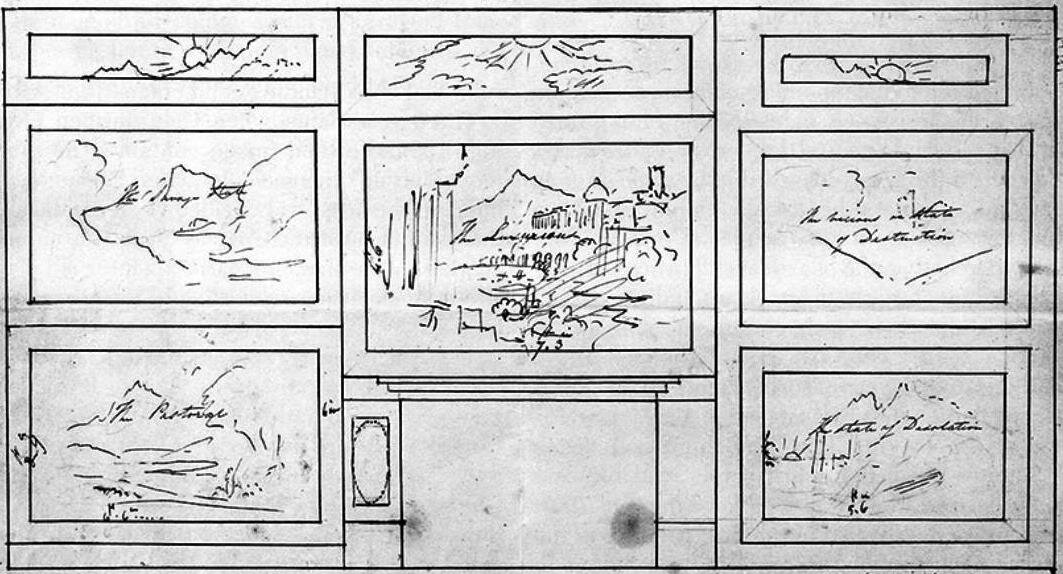 By Thomas Cole - http://www.explorethomascole.org/tour/items/67/process, Public Domain, https://commons.wikimedia.org/w/index.php?curid=23435522Cole's 1833 sketch for the arrangement of the paintings around Reed's fireplace: the sketch also shows ab…