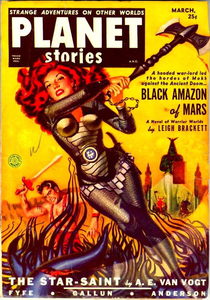 Brackett's novella "Black Amazon of Mars" was the cover story in the March 1951 issue of Planet Stories.By en:User:Mike Christie - http://www.isfdb.org/wiki/images/4/44/PLANETMAR1951.JPG (Transferred from en.wikipedia to Commons by Grondemar.), Publ…