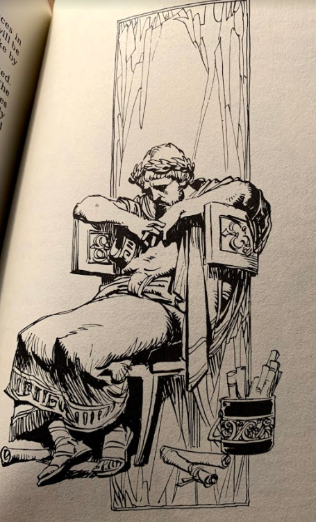 An exhausted Roman emissary slumps in a chairCopyright Bermejo 1979, Fair Use