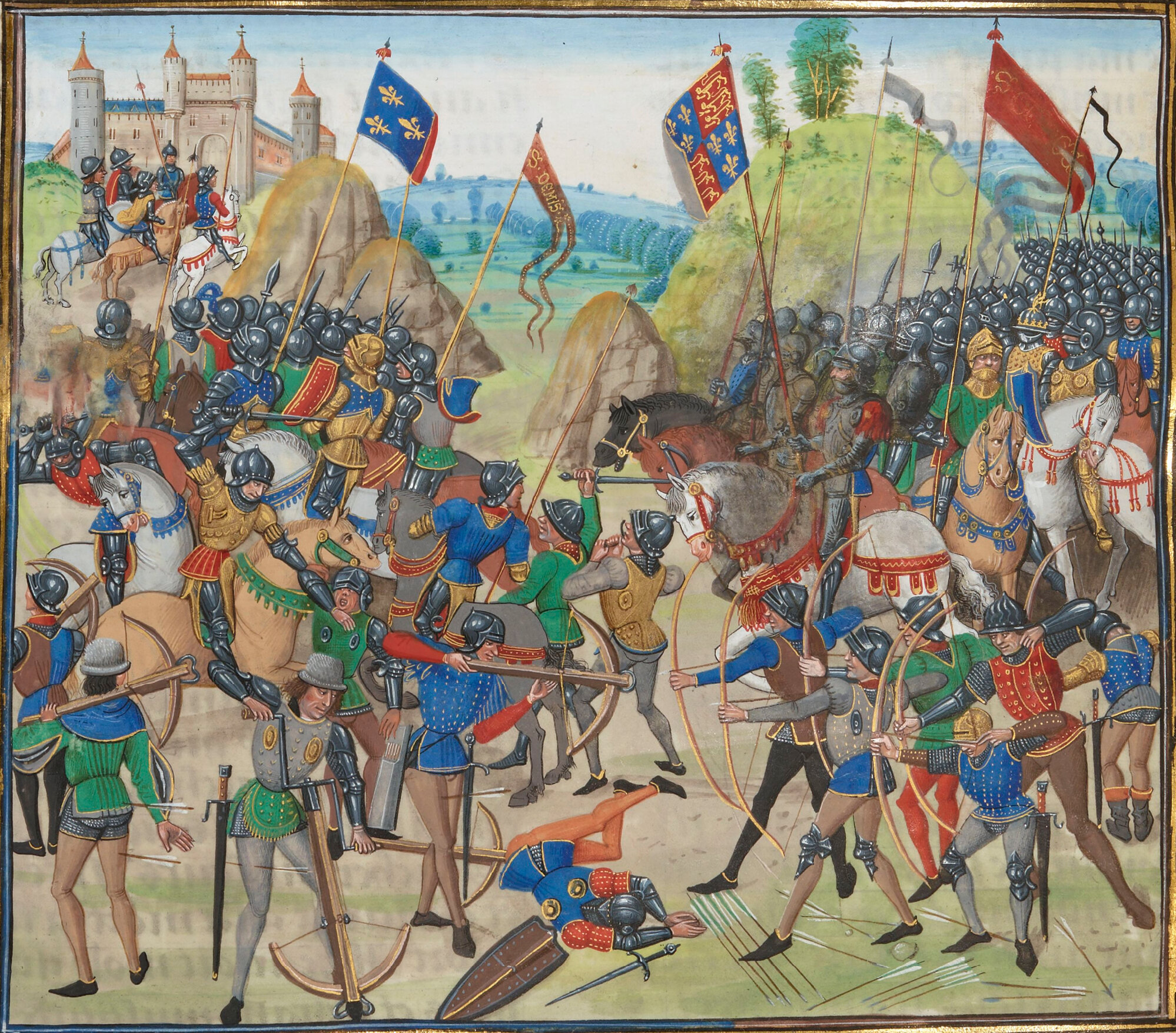 Battle of Crécy, 1346By Jean Froissart - From Chapter CXXIX of Jean Froissart’s Chronicles, example source at http://www.maisonstclaire.org/resources/chronicles/froissart/book_1/ch_126-150/fc_b1_chap129.html, Public Domain, https://commons.wikimedia…