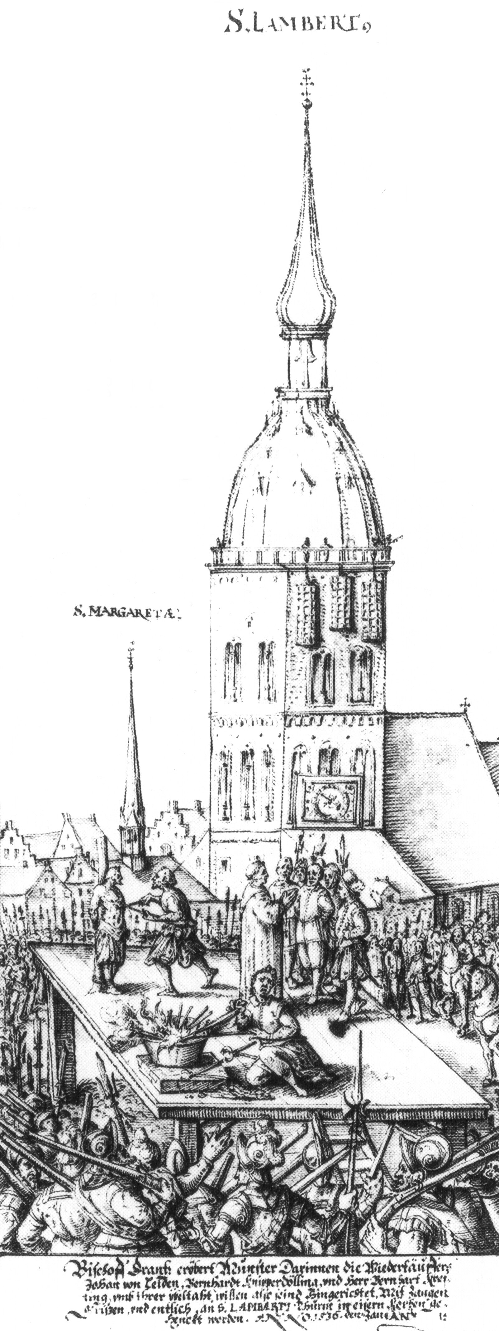 Execution of the leaders of the Münster RebellionBy Georg Berger - Federzeichnung aus Georg Berger, Contrafactur der Osnabrücker Bischöfe. Scan aus Abbildung in "Westfälische Kunststätten: Rathaus und Friedenssaal zu Münster", Seit…
